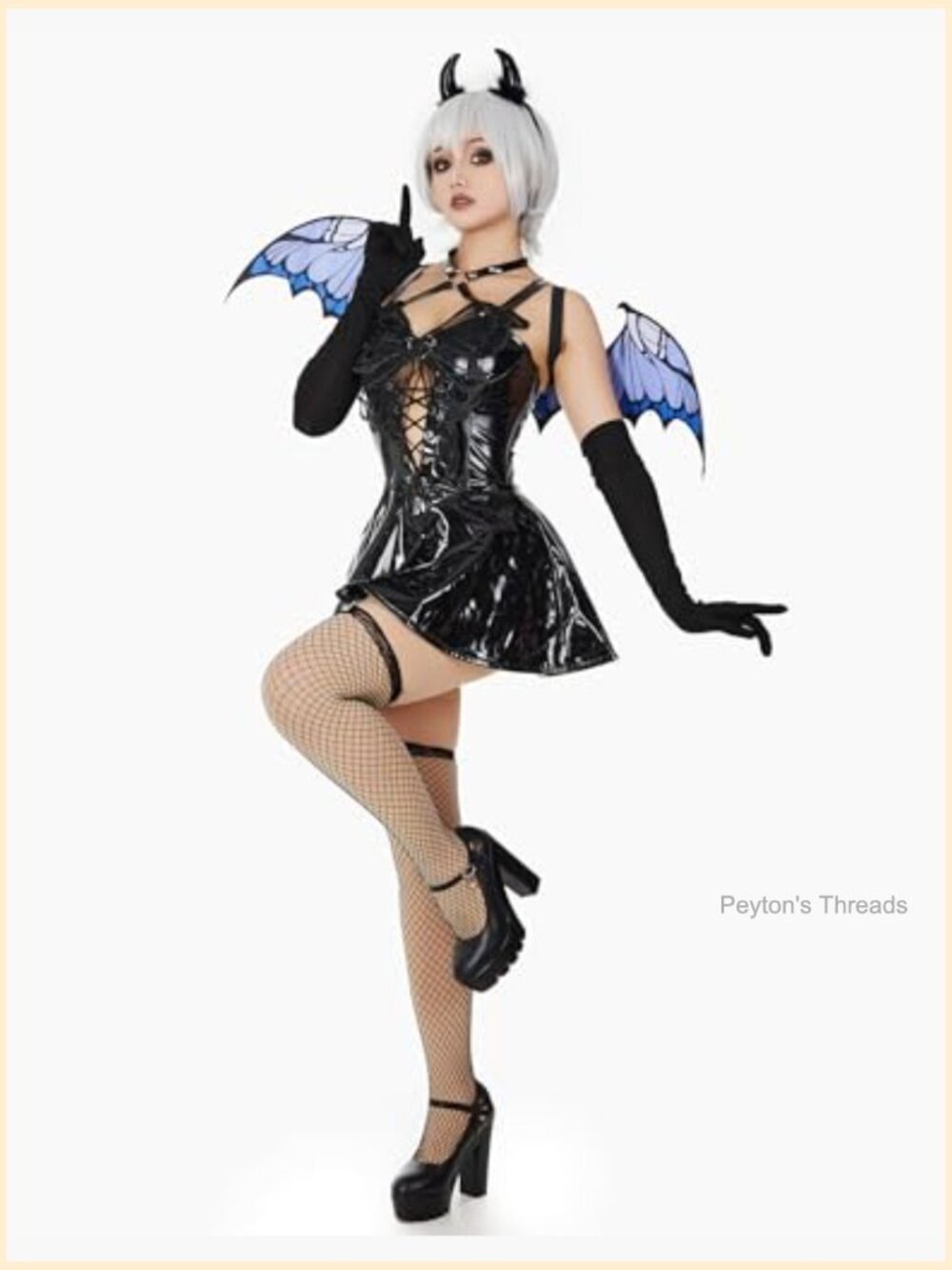 PU Leather Lingerie Set With Wings Stockings Gloves - Picture 2 of 7